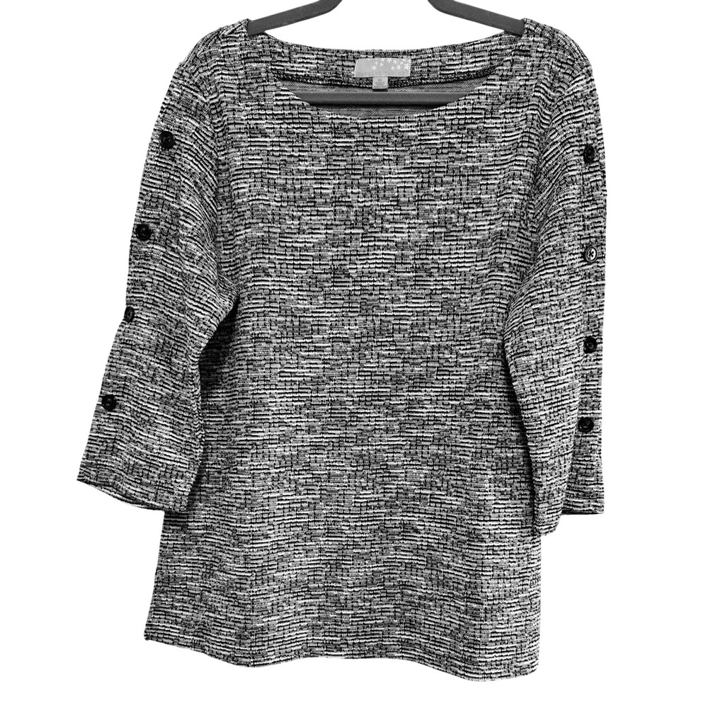 Carolyn Taylor Chic Black White Marled Knit Boat Neck 3/4 Sleeve Button Top XL